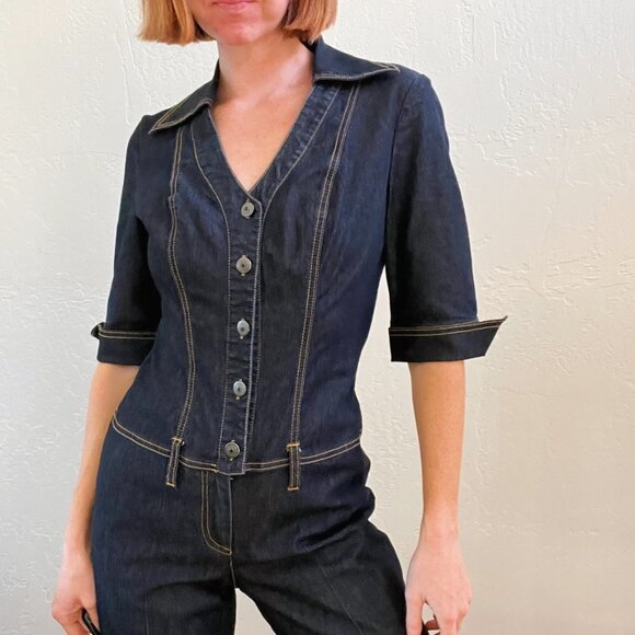 Y2K Dark Denim Cuffed Wide Leg Button Up Jumpsuit - Picture 1 of 6